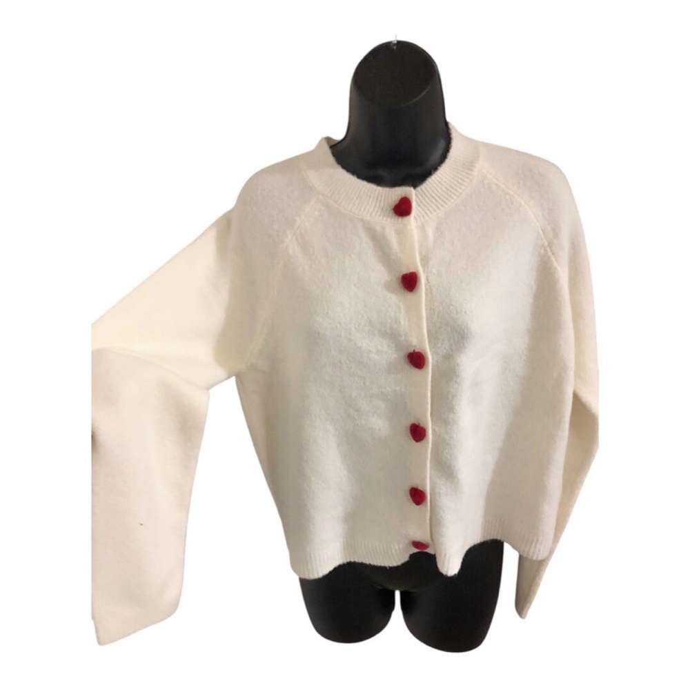 Jessica Simpson white red heart shaped velvet buttons fuzzy cardigan size Large